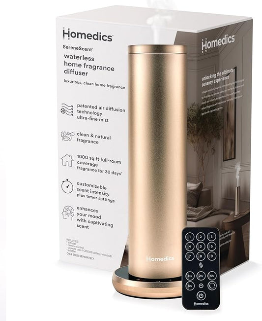 Homedics SereneScent Waterless Home Fragrance Diffuser, Use with Homedics SereneScent Oil (Sold Separately), Patented Air Diffusion Technology, Clean & Natural Fragrance, Enhances Mood, Champagne - Bloomnest