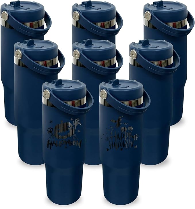 30 oz Tumbler with Handle, Double Wall Vacuum Insulated Tumblers with Flip Straw, Coffee Mug 30oz Powder Coated Cup for Hot and Cold Drinks(Black Plated, Navy,8 pack)