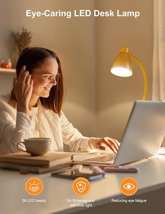 BOHON LED Desk Lamp with USB Charging Port, 3 Color Modes Fully Dimmable Reading Lamp, Auto Dimming Task Lamp, Flexible Gooseneck Table Light for Home Office Dorm Bedside, Bright Yellow - Bloomnest