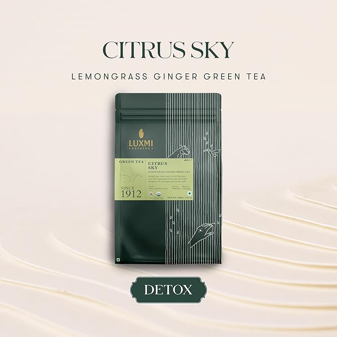 Luxmi Estates Citrus Sky Lemongrass Ginger Green Tea 200g Loose Leaf Pack | Certified Organic Darjeeling Green Tea | Citrus Flavor & Aroma | Natural Lemon Balm Tea - Calming, Supports Digestion | Lemon Grass Leaves | 100 Cups - Bloomnest