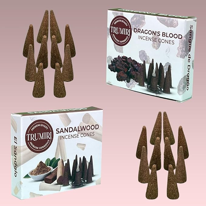 TRUMIRI Incense Cones - Combo Pack of 20 Cone Incense - 10 Dragons Blood + 10 Sandalwood - Insence Cones - Incense Cones Scented - Cone Incense Scents - Insense Cones - Incent Cone TRUMIRI