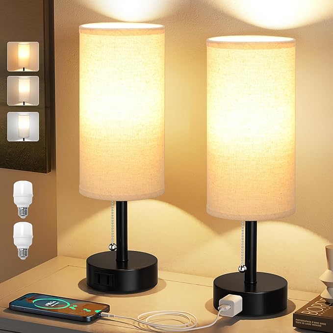 Fenmzee Bedside Table Lamps Set of 2-3 Color Temperatures Pull Chain Lamp with AC Outlet Charging Port, Round Night Stand Lamps for Bedroom Guest Room Office, Small Bed Side Light with E26 LED Bulbs - Bloomnest