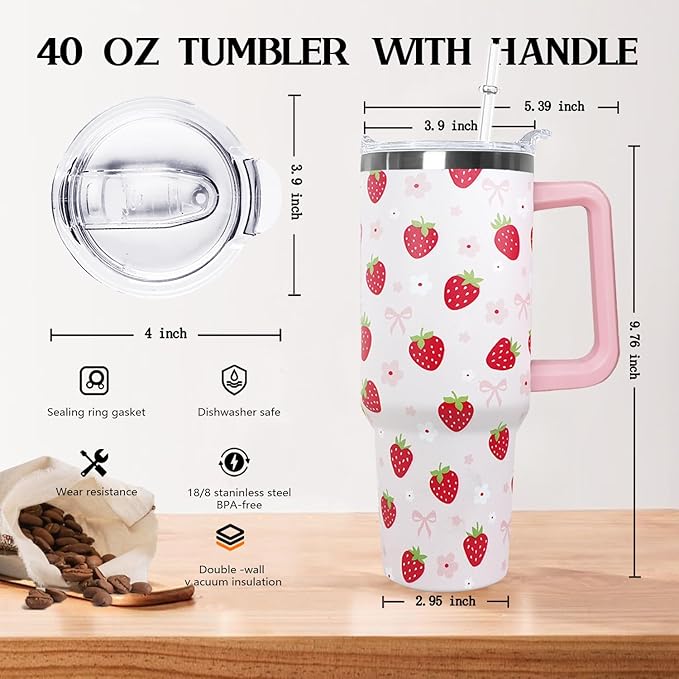 Ceovfoi 40oz Strawberry Tumbler With Handle Lid and Straw,Strawberry Floral Coffee Mug Cup Water Bottles,Strawberry Themed Gifts for Women,Strawberry Decor Stuff Accessories - Bloomnest