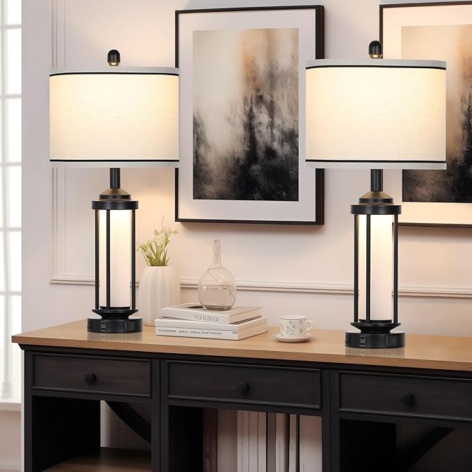 Table Lamps for Living Room Set of 2, Black Farmhouse Rustic Industrial Table Lamp with USB A+C Charging Ports & AC Outlet, 27" Modern Table Lamps with LED Night Light & Linen Fabric Lampshade - Bloomnest