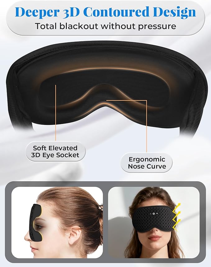 Adjustable 3D Contoured Sleep Mask with Bluetooth Headphones, Eye Masks for Sleeping, Wireless Sleeping Headphones for Men, Women, Cool Gadget Gift - Bloomnest
