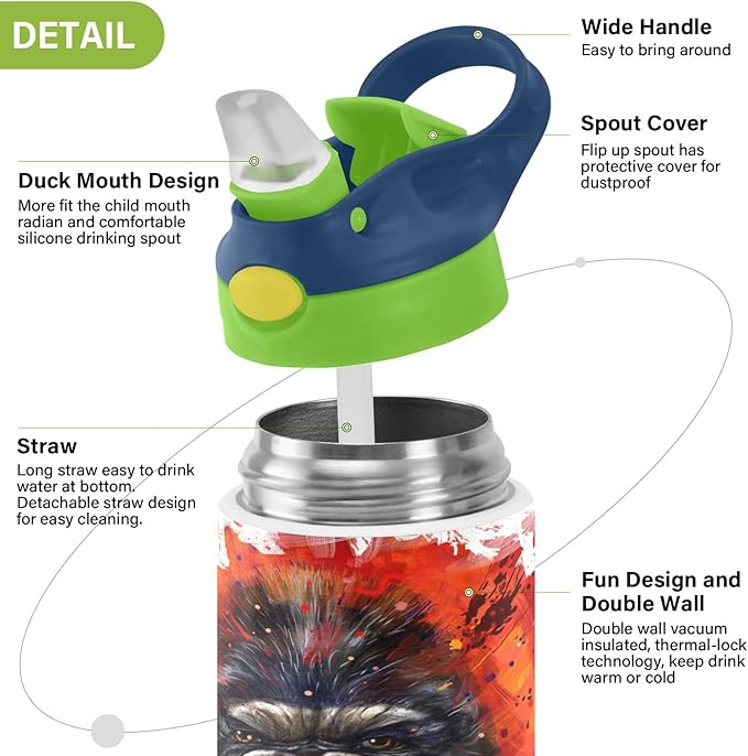 King Kong Kids Water Bottle with Straw Lid Insulated Tumbler with Handle Stainless Steel Reusable Toddlers Cup for Kids Boys 12 oz - Bloomnest