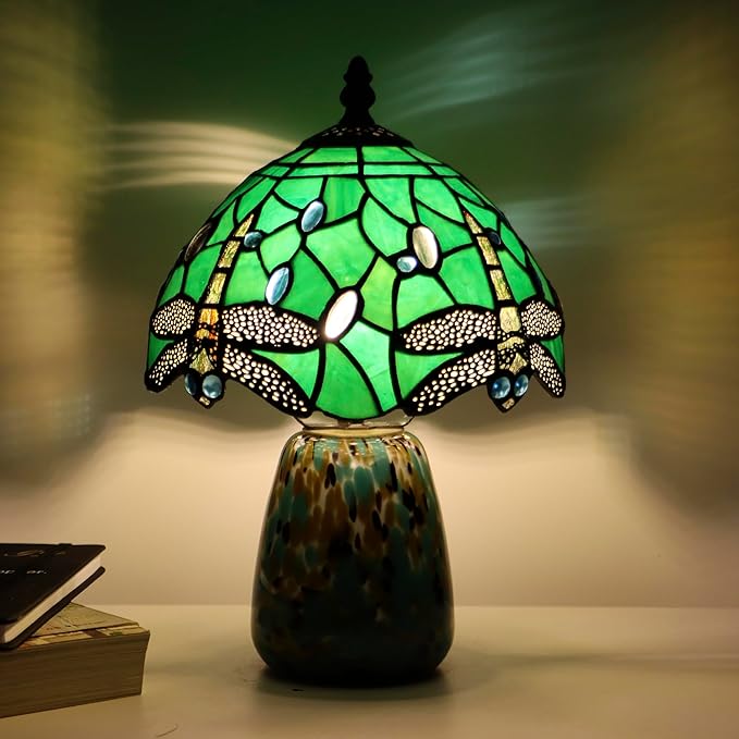 Tiffany Mushroom Table Lamp Dragonfly Style Green Stained Glass Accent Lamp Brown Blue Glass Base 8X8X12 Inch - Bloomnest