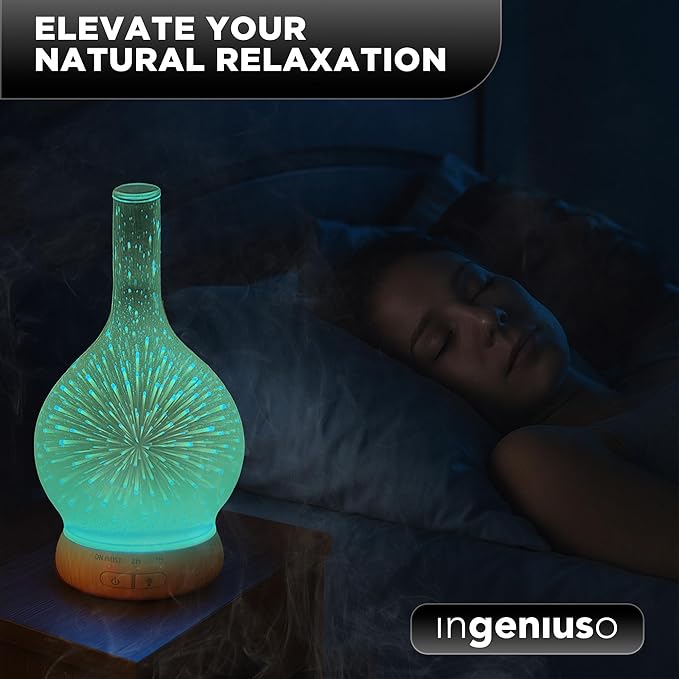 Aromatherapy Essential Oil Diffuser for Therapeutic Oils | 3D Glass Vase Cover with Colorful LED Light Display | Cool Mist Aroma Therapy Diffusers | Versatile Nightlight, Humidifier with Auto Shut-off Bloomnest