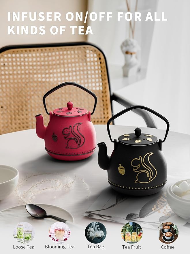 Toptier Teapot with Removable Infuser, Cast Iron Tea Kettle Stovetop Safe, Squirrel Design Tea Pot Coated with Enameled Interior for 32 Ounce (950 ml), Black - Bloomnest