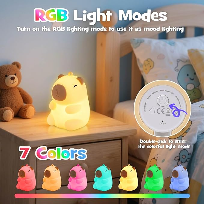 Squishy Christmas Capybara Night Light with RGB Modes Dimmable Nursery Breastfeeding Nightlight Hangable Cute Novelty Animal Lamp Rechargeable Silicone Touch Bedside Lamp for Bedroom Dorm Decor - Bloomnest
