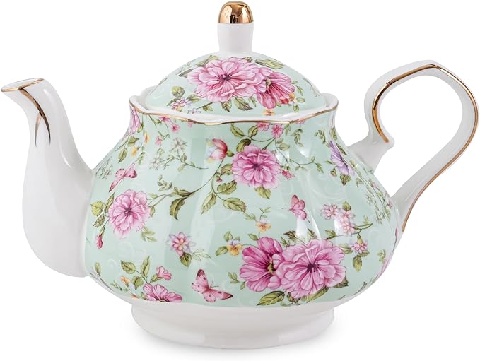 Flower Ceramic Teapot,22oz Porcelain Tea pot for Tea Coffee Milk for Office Home Men Women as Gift (Green) - Bloomnest