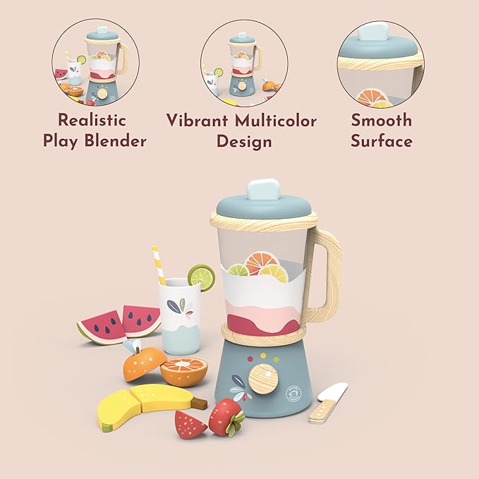SPEEDY MONKEY Smoothie Maker Blender Set - FSC Wooden Food Blender Toy for Kids, Pretend Play Kitchen Appliance, Role Play Toy Mixer for Toddlers, Fun Fruity Smoothie Playset to Make a Healthy Shake - Bloomnest