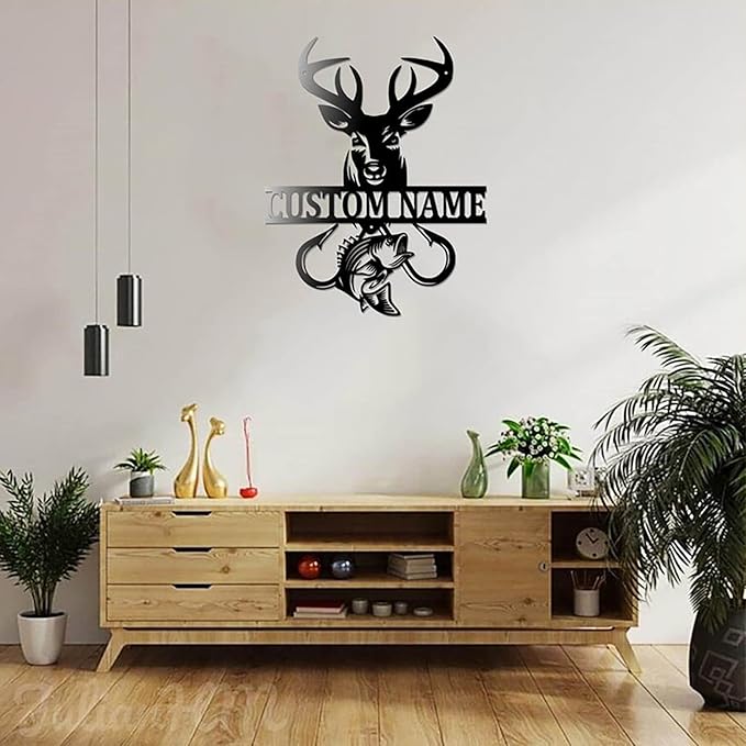 Lovely POD Personalized Hunting Metal sign, Hunting Art, Custom Deer Fish Hook Monogram Metal Wall Decor With Led Lights, Personalized Deer Hunting Wall Art Decoration, Hunting Name Sign Decoration - Bloomnest