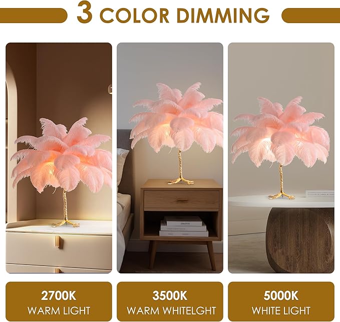 MAYOLA Modern Ostrich Feather Table Lamp with Plug in Wire,3-Light Bedside Floor Lamp for Living Room, Bedroom and Office 24” Tall Feather Desk Lamp (Pink, Table Lamp-Resin) - Bloomnest