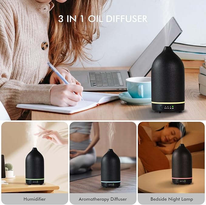 Essential Oil Diffuser Ceramic Diffuser - 150ml Aromatherapy Diffuser for Essential Oils with Timer and 7 Colors LED Light Ultrasonic Aroma Diffuser with Auto Shut-Off, Home Office Decor&Gift (Black) - Bloomnest