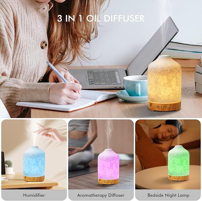 Aromatherapy Essential Oil Diffuser 150ml Ceramic Ultrasonic Aroma Oil Diffuser Humidifier Whisper Quiet Timer Setting 7 LED Colors Changing Lights for Home Office (Cherry Blossom) - Bloomnest