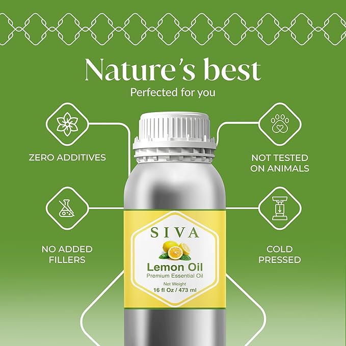 Siva Lemon Essential Oil - 16 Fl Oz – 100% Natural Lemon Oil - for Diffuser, Face, Skin Care, Aromatherapy, Hair Care, Scalp and Body Massage SIVAOrganics