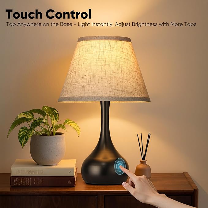 Touch Table Lamp for Bedroom Set of 2, 3-Way Dimmable Bedside Lamp for Nightstand, 17” Farmhouse Metal Desk Lamp with Linen Shade for Living Room, Kids Reading, Dorm, Home Office Decor, Bulb Included - Bloomnest