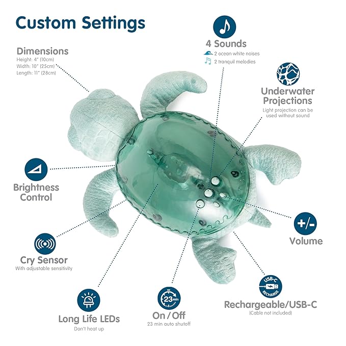 Cloud b Ocean Projector Nightlight with 2 White Noises & 2 Soothing Sounds | Adjustable Settings | Cry Sensor | Tranquil Turtle - Green (Rechargeable) - Bloomnest
