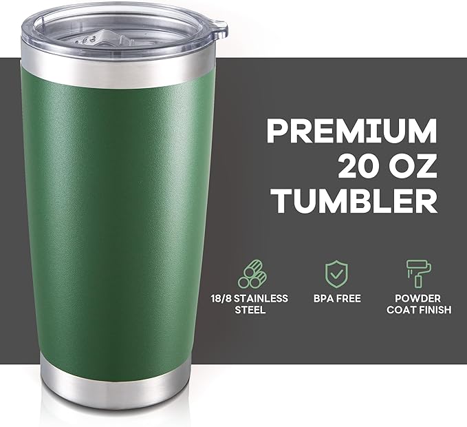 20 oz Tumbler with Lid Stainless Steel Insulated Tumblers Bulk Double Wall Vacuum Cups Powder Coated Travel Mug Keep Drink Cold and Hot, Dark Green, 8 Pack