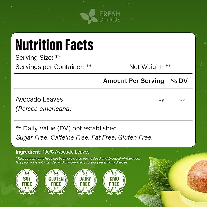 FreshDrinkUS, 120 Avocado Leaves - Loose Leaf - Premium Avocado Leaf Herbal Tea, Caffeine Free Botanical Tea Leaves for Hot or Iced Tea – Natural, Aromatic & Fresh Avocado Leaves - Bloomnest