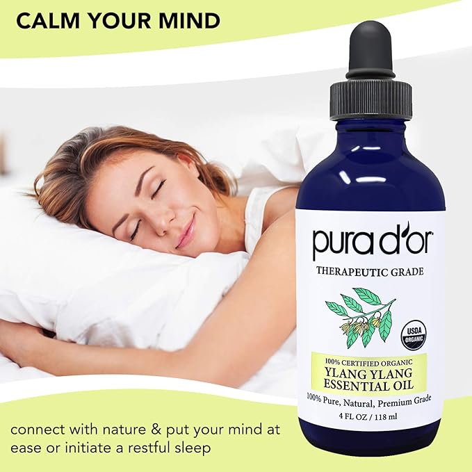 PURA D'OR Organic Ylang Ylang Essential Oil (4oz with Glass Dropper) 100% Pure & Natural Therapeutic Grade for Hair, Body, Skin, Aromatherapy Diffuser, Relaxation, Massage, Mood, Antioxidant Support - Bloomnest