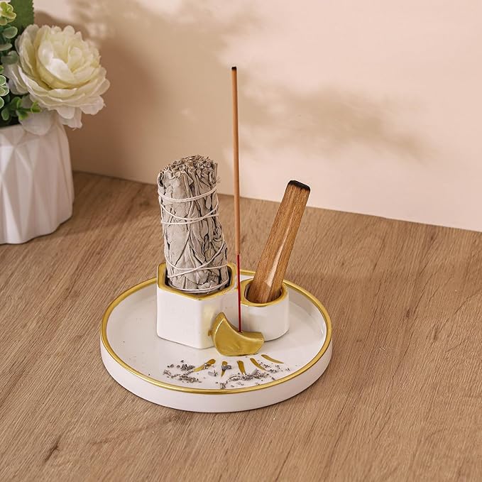 Ceramic Incense Holder Burner, Sage Holder for Burning, Palo Santo Sticks Holder, 5.51" Ash Catch Tray, Smudge Dish for Meditation Yoga, Modern Home Decor Gift - Bloomnest