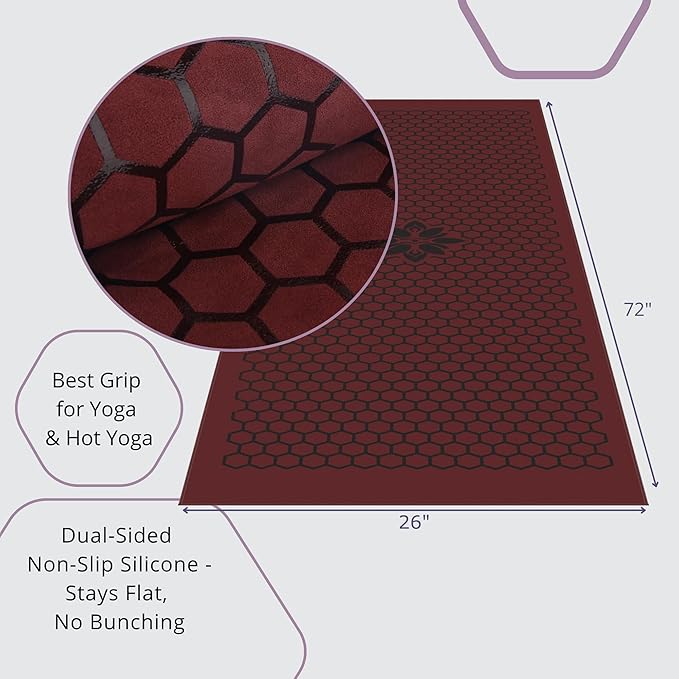 Clever Yoga Hot Yoga Mat Towel – Non-Slip Grip for Hot Yoga, Sweat Absorbent, Honeycomb Silicone Grip, Stays Flat – Ideal for Pilates, Travel, Washable & Lightweight - Burgundy