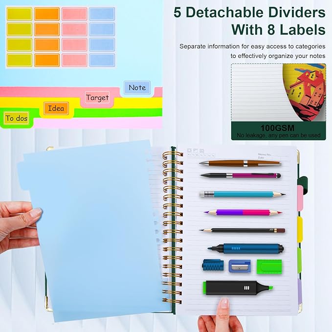 Hardcover Spiral Notebook 8.5"x11" Journal Notebook with Tabs and Removable Dividers 300 Pages 5 Subject Notebook College Ruled, Faux Leather Spiral Bound Notebook for Women School Work(Green) - Bloomnest