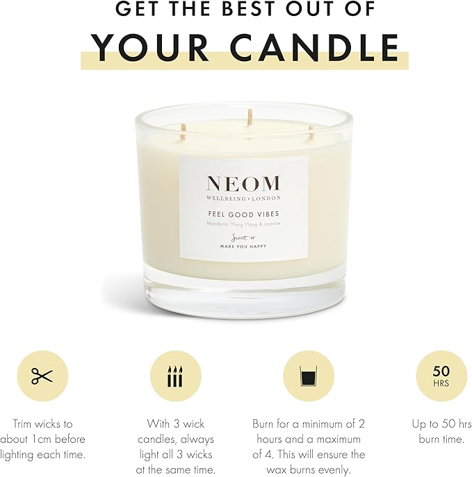 NEOM- Limited Edition Feel Good Vibes Candle |Mother's Day | Gift | Mandarin, Ylang Ylang & Jasmine (3 Wick) - Bloomnest