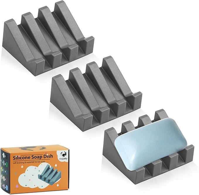 Self Draining Soap Dish Holder,Silicone Soap Dish,for Bathroom,Kitchen, Sponges，Can Extend Soap Life，Keep Soap Bars Dry and Easy Cleaning (Grey,3-Pack) - Bloomnest