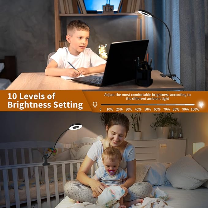 iZELL Desk Lamp, [3 Color Modes & 10 Brightness] LED Reading Light with Clamp, Flexible Gooseneck Book Light for Kids Reading Book in Bed at Night Clip on Table, Headboard, Dorm - 15.8‘’ Black - Bloomnest
