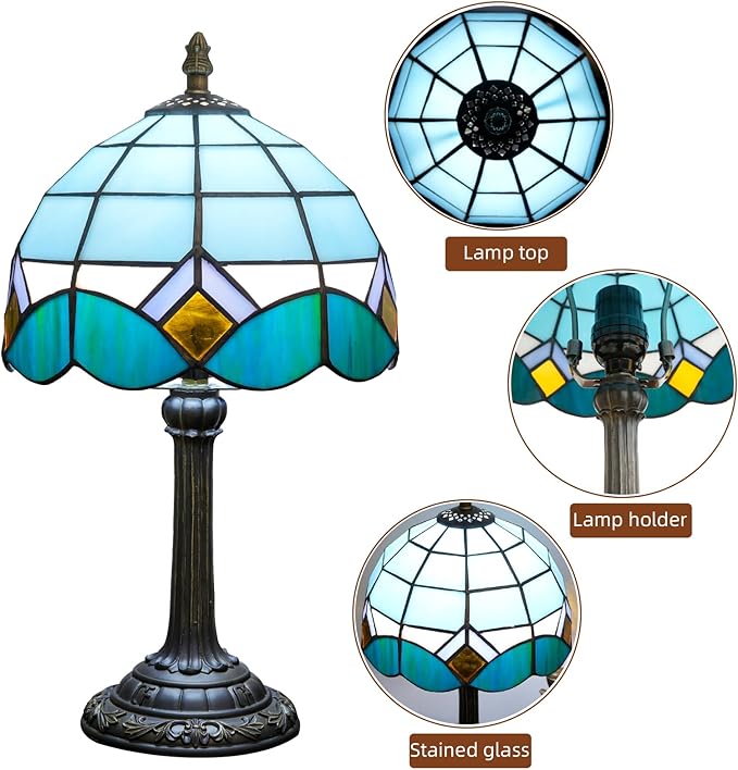 Sky Blue and White Lamp Small Tiffany Lamps Bedside Nightstand for Bedroom Dector Light Stained Glass Table Lamp Living Room Kitchen Night Lamp Farmhouse Cute 8 Inch Aesthetic Mediterranean Desk Lamps - Bloomnest