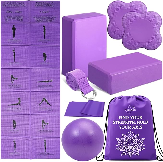 Foldable Yoga Mat Set for Women Including Thin Non Slip Yoga Mat with Bag,Yoga Blocks 2 Pack with Strap, Knee Pads,Pilates Ball,Pilates & Yoga Kit for Beginners For Home Workouts, Outdoor, Travel - Bloomnest