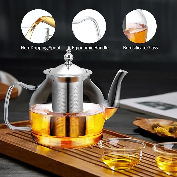 Glass Teapot 40oz/1200ml with Removable Infuser, Borosilicate Clear Tea Kettle, Stovetop Safe Tea Kettle Blooming Loose Leaf Teapots, for Camping, Travel - Bloomnest