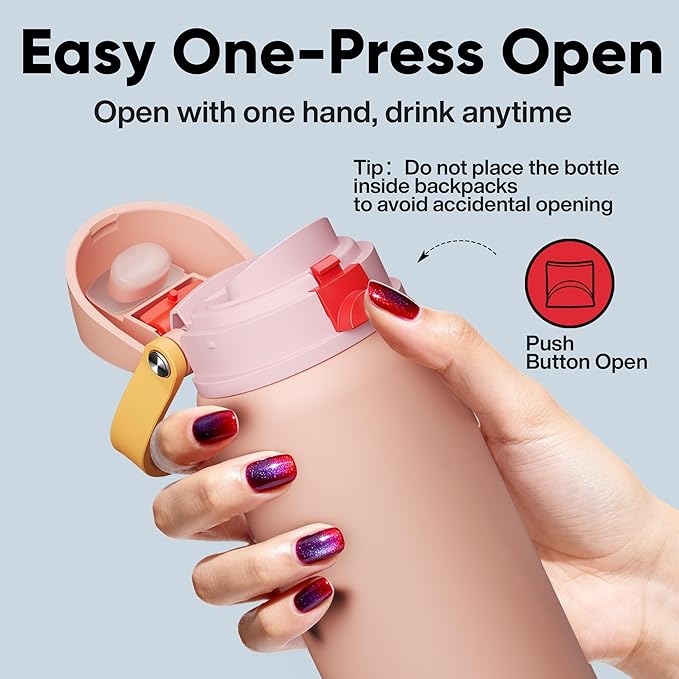 Insulated Water Bottle with Straw - Encool Stainless Steel Water Bottle with Push Button Lid, Leak-Proof & BPA-Free, Keeps Cold for 24 Hours for Sports, Travel, Gym (32 oz, Pink Daisy-Red) ENCOOL