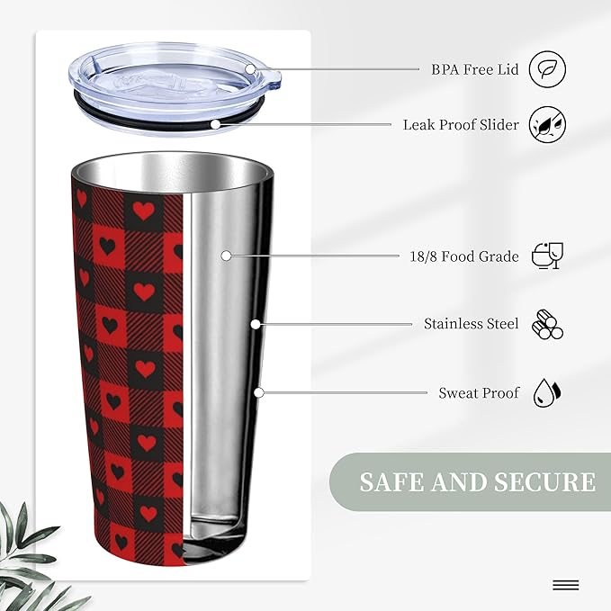 Buffalo Plaid Tumbler with Lid and Straw 20 oz Stainless Steel Cup Insulated Tumbler Coffee Mug for Home Office or Car Christmas Birthday Gifts - Bloomnest