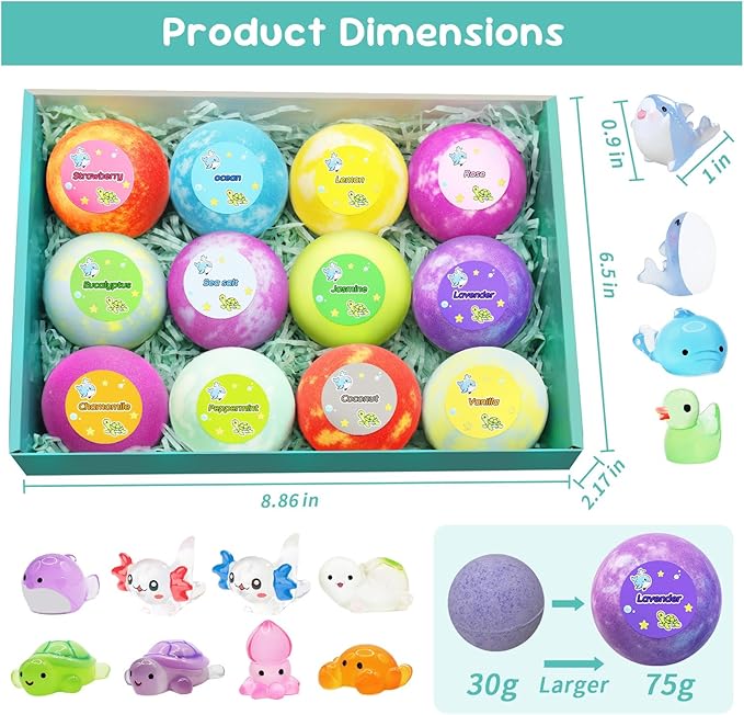 Bath Bombs for Kids with Surprise Inside, 12pcs Bath Bombs with Toys Inside, Natural and Organic Colorful Bubble Bath Fizz Ball, Gift Set for Birthday, Halloween, Christmas for Boys and Girls - Bloomnest
