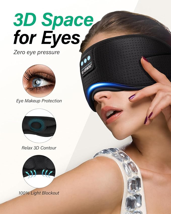 LC-dolida Sleep Headphones, White Noise Bluetooth Sleep Mask 3D Wireless Eye Mask Sleeping with Timing, Sleep Mask with Bluetooth Headphones for Side Sleepers Travel Yoga, Cool Gifts Men Women - Bloomnest