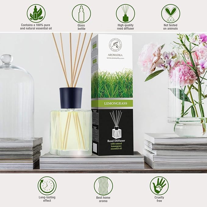 Lemongrass Reed Diffuser w/Natural Essential Lemongrass Oil 17 Fl Oz (500ml) - Intensive - Fresh and Long Lasting Fragrance - Scented Reed Diffuser - Diffuser Gift Set w/Bamboo Sticks - Bloomnest