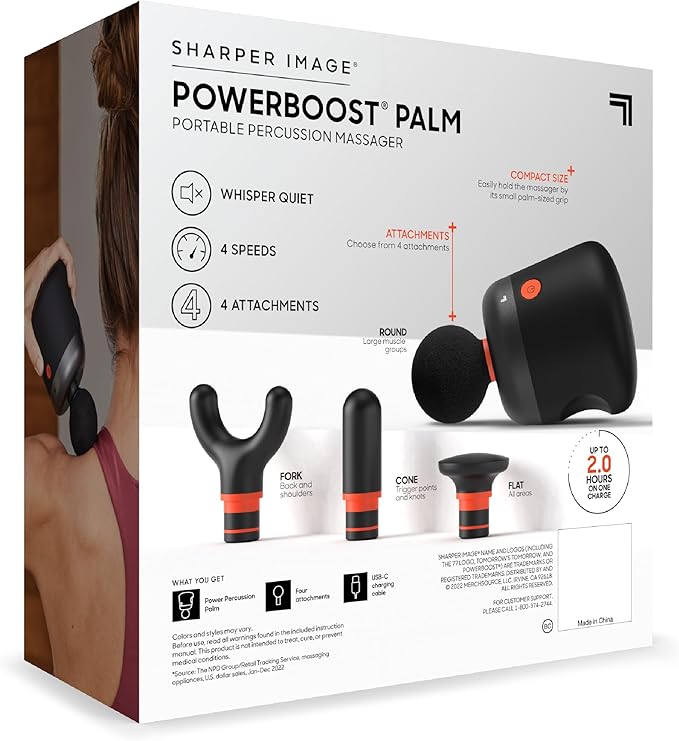 Sharper Image® Powerboost Palm Mini Massage Gun – 4 Attachments & 4 Speeds| Compact Deep Tissue Massager Gun| Workout Recovery Massage Tool| Full Body Back Muscle Soreness Pain Relief Gift - Bloomnest