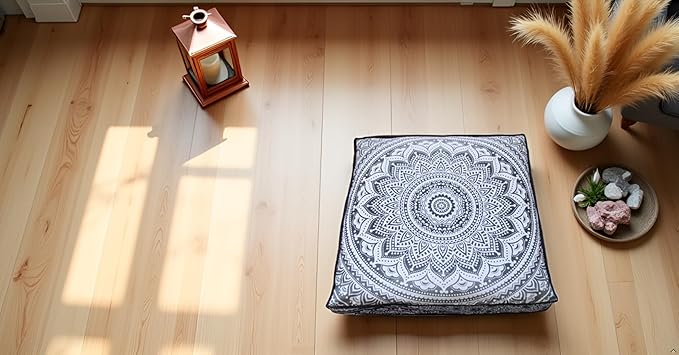 INDIAN CRAFT CASTLE ICC 24" Grey Ombre Mandala Barmeri Large Floor Pillow Cover Cushion Meditation Seating Ottoman Throw Cover Hippie Decorative Zipped Bohemian Pouf Ottoman Pom Pom Cases 24" Square - Bloomnest