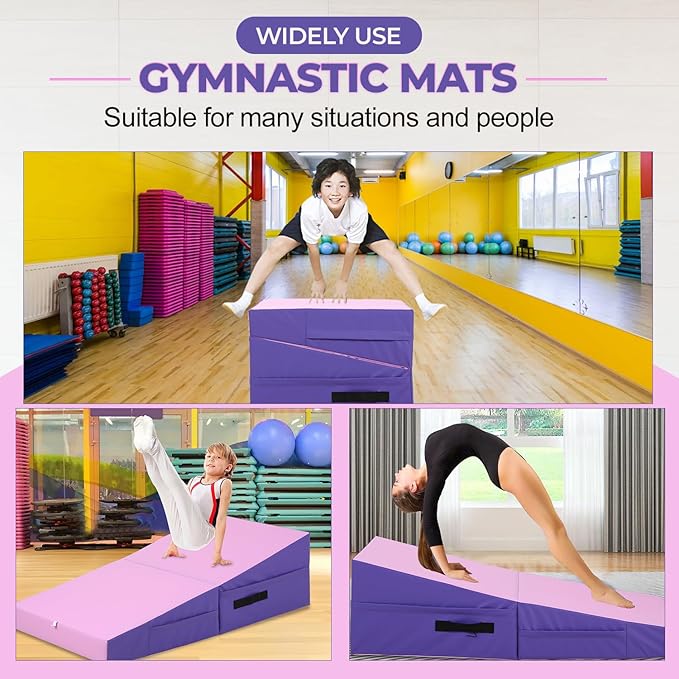 Gymnastics Mat Incline Tumbling Mats yoga mat for Home Gym, Folding Exercise Mat with Non-Slip PU Surface & Handles, Cheese Wedge Mat - Bloomnest