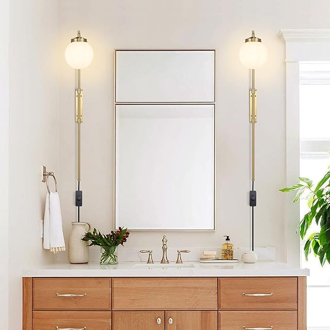 ELEHINSER Gold Wall Sconces Set of 2 with Globe Shade, Modern Indoor Plug in Wall Lamps with Switch, Angle Adjustable Light for Bedroom Living Room Study Hallway Bedside - Bloomnest