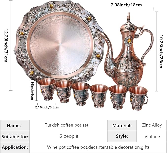 Vintage Turkish Coffee Pot Set for 6 Including Tray and Teapot,Metal Cups,Teapot and Cup Set for One,Tea Service Set for Home Tea Table Decor,Wedding Ornaments(Copper)