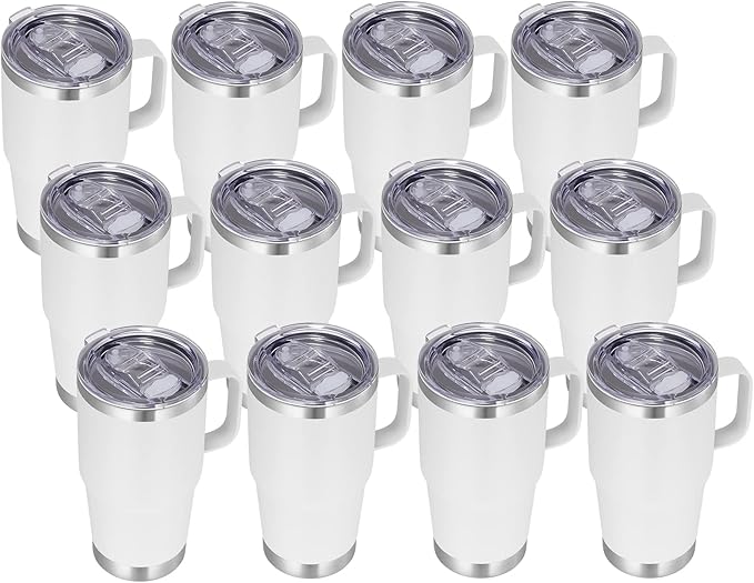 VEGOND 20 oz Tumbler Bulk with Handle Lid and Straw, Stainless Steel Insulated Travel Coffee Mug Set, Spill Proof Double Wall Metal Tumblers Cups, New White 12 Pack - Bloomnest
