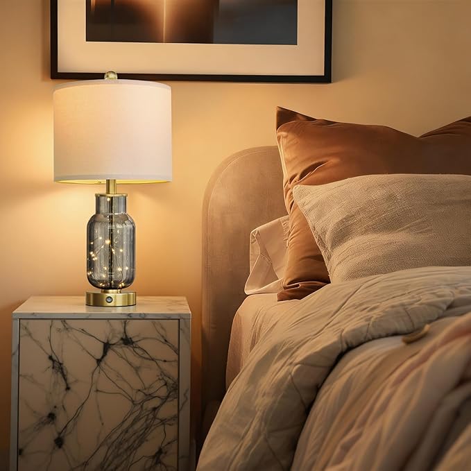 Oneach 22" Glass Table Lamps Set of 2, Gray Modern Bedside Lamp with LED Night Light for Living Room, Nightstand Lamp with USB Ports for Bedrooms, Study Room, End Table(2 Bulbs Included) - Bloomnest
