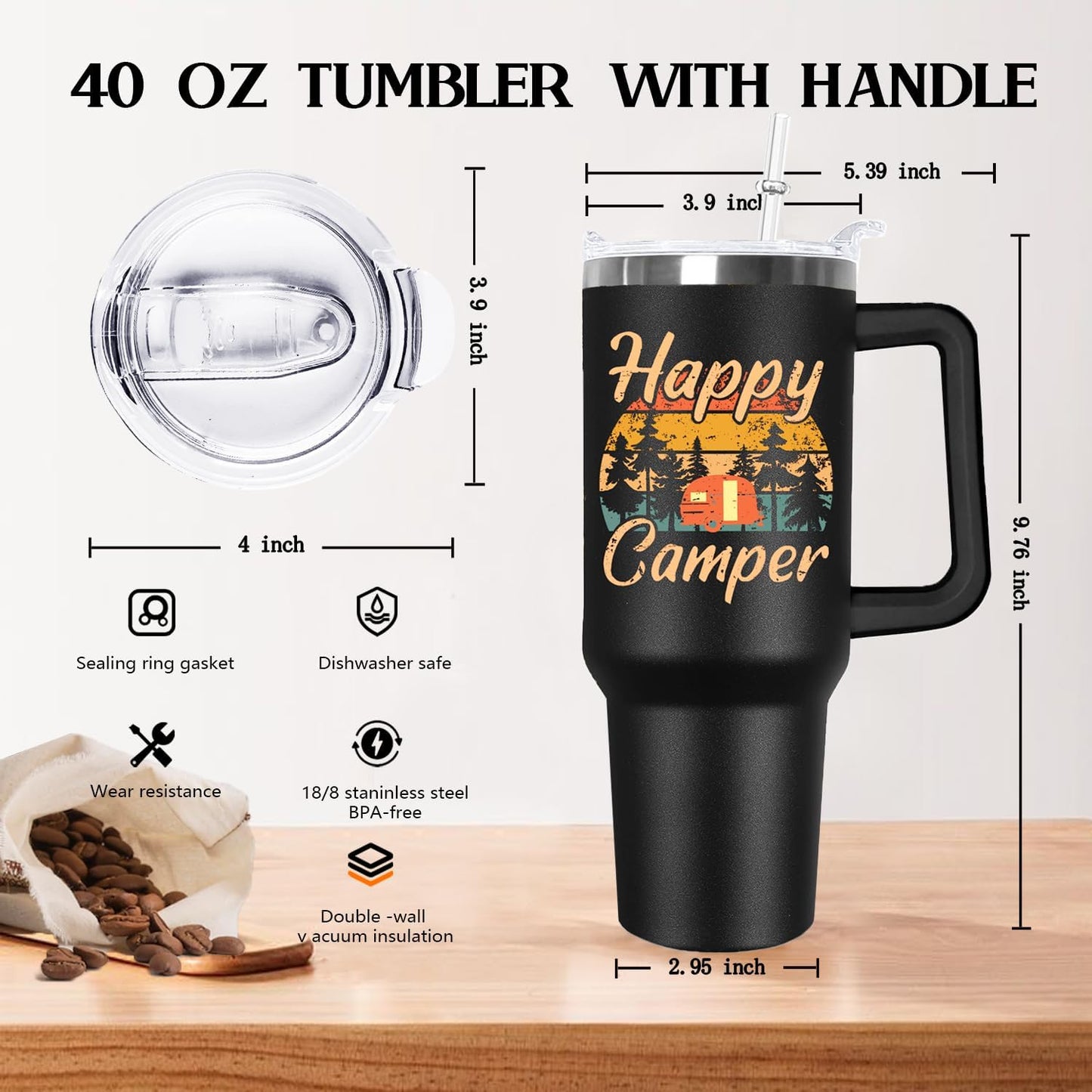 Ceovfoi Camper Tumbler with Handle,40 oz Camping Tumbler with Handle Lid and Straw,Camping Coffee Mug Cup Vacuum Insulated Travel Tumbler with Handle Lid and Straw,Rv Camping Essentials Accessories