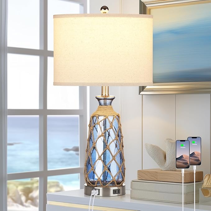 Coastal Glass Table Lamps, 3-Way Dimmable Touch Control Bedside Lamps with 2 USB Ports and AC Outlet, Blue Nautical Nightstand Lamps for Bedroom Living Room (LED Bulbs Included) - Bloomnest