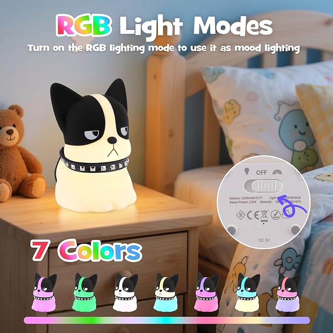 Squishy Puppy Night Light with RGB Mode 3 Brightness Adjustable Nursery Breastfeeding Nightlight Cute Novelty French Bulldog Animal Lamp Rechargeable Silicone Touch Bedside Lamp for Bedroom Dorm Decor - Bloomnest